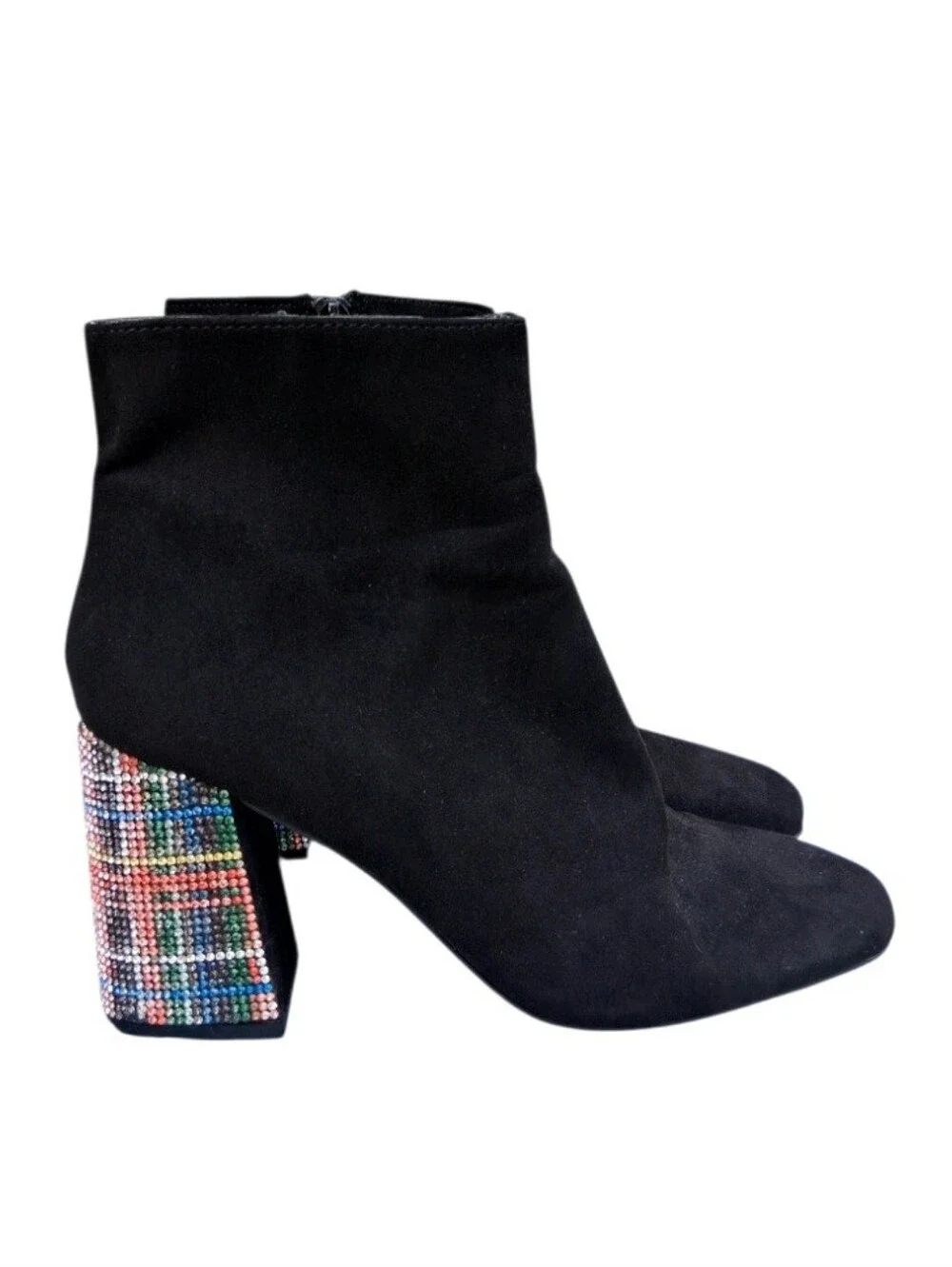 Betsey Johnson Black Rhinestone Plaid Heel Barette Ankle Boots Size 7.5